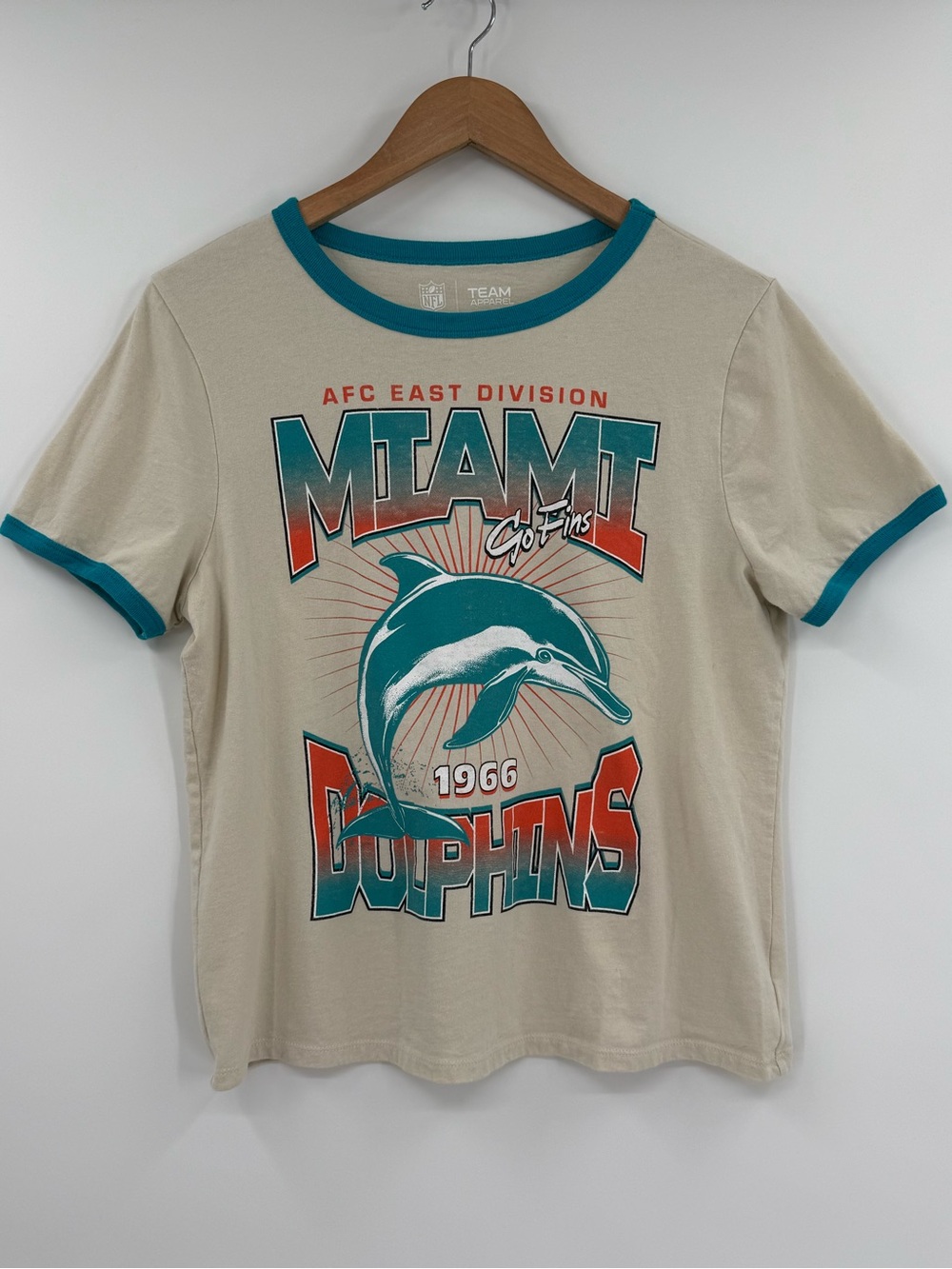 NFL Miami Dolphins Vintage Style Ringer Tee | Cream/Teal | Medium